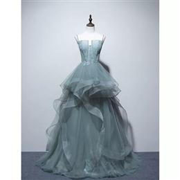 Picture of Charming Green Tulle Straps Layers Long Formal Dresses, Tulle Party Dresses Prom Dresses